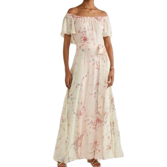 Nwot LOVESHACKFANCY Dress 6 Silk Pink Cream Floral Fit&Flare RawEdge Flounce-Slv